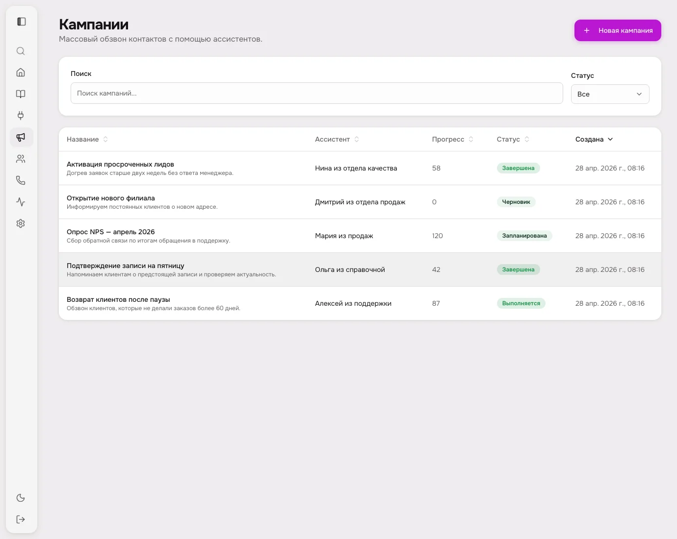 Интерфейс управления кампаниями со списками контактов и расписанием